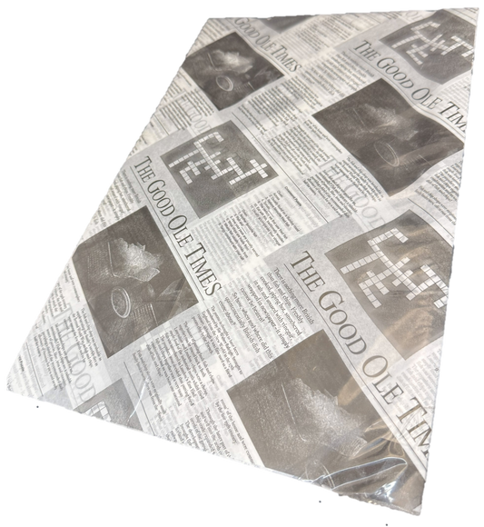 Printed Greaseproof Paper - "Newspaper" Design 245x375mm (1000 Sheets)